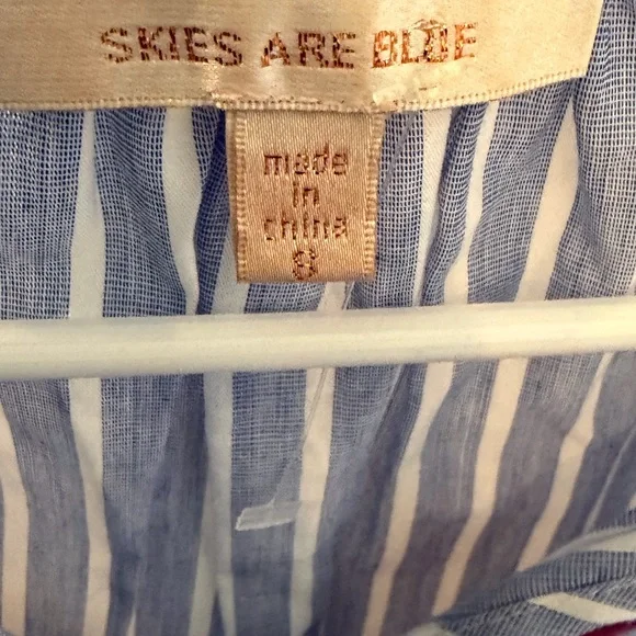 Skies are Blue Striped Blue Floral Embroidered V-Neck Peasant Blouse- Small - Picture 5 of 6